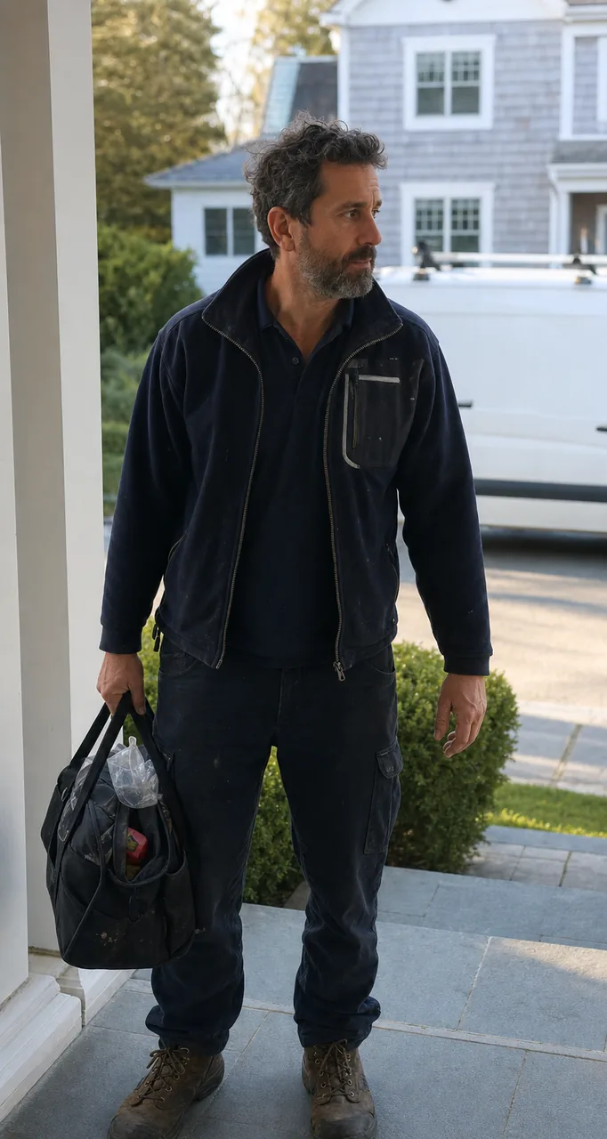 The front door of a suburban house at the moment a technician arrives, tool bag in one hand