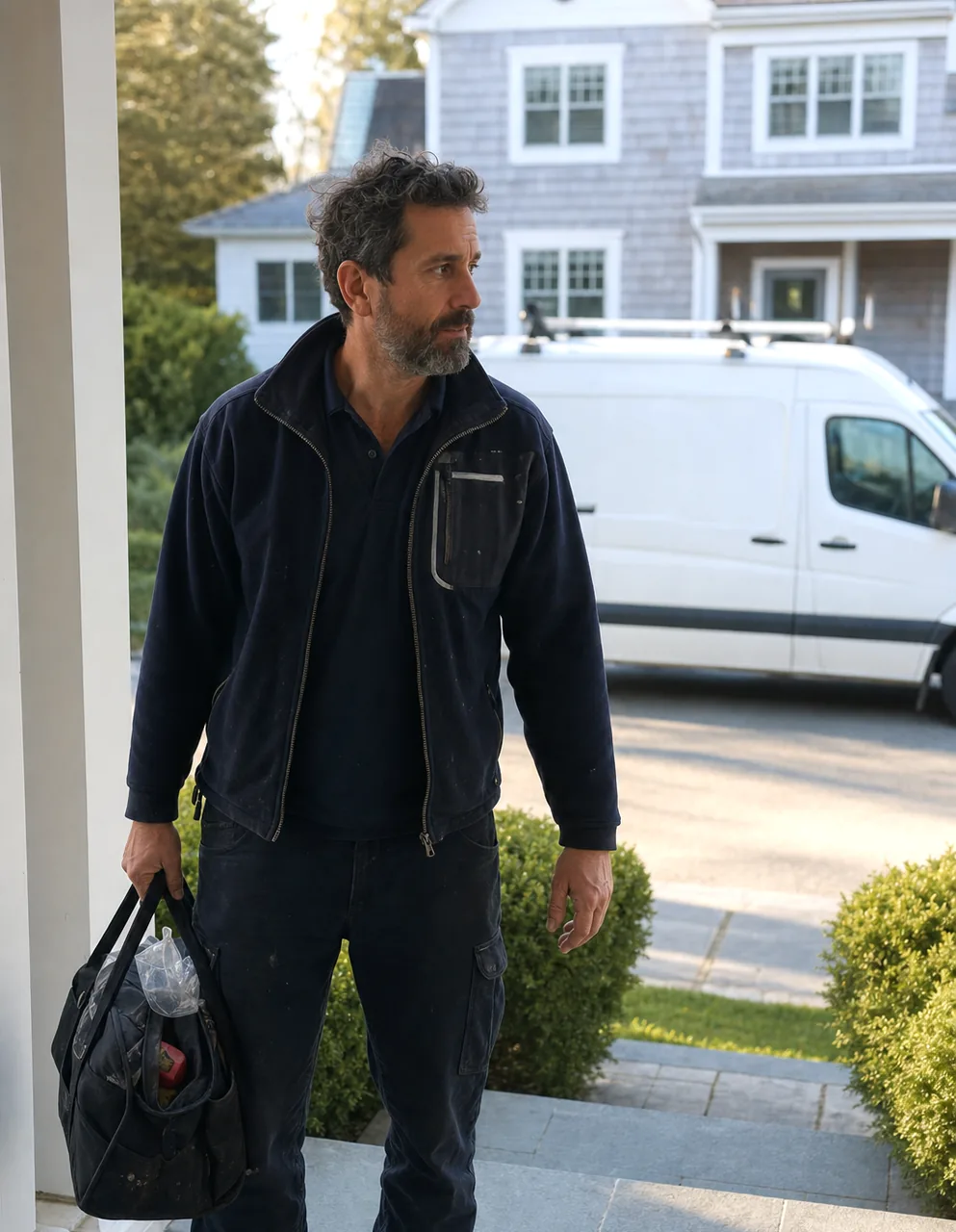 A technician approaching a front door in early daylight with a bag of parts over one arm