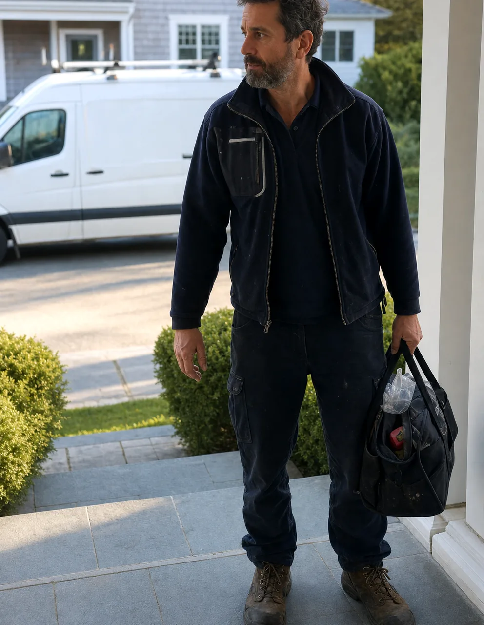 A technician on a front step at the start of a call, unposed, carrying only a soft bag of spares
