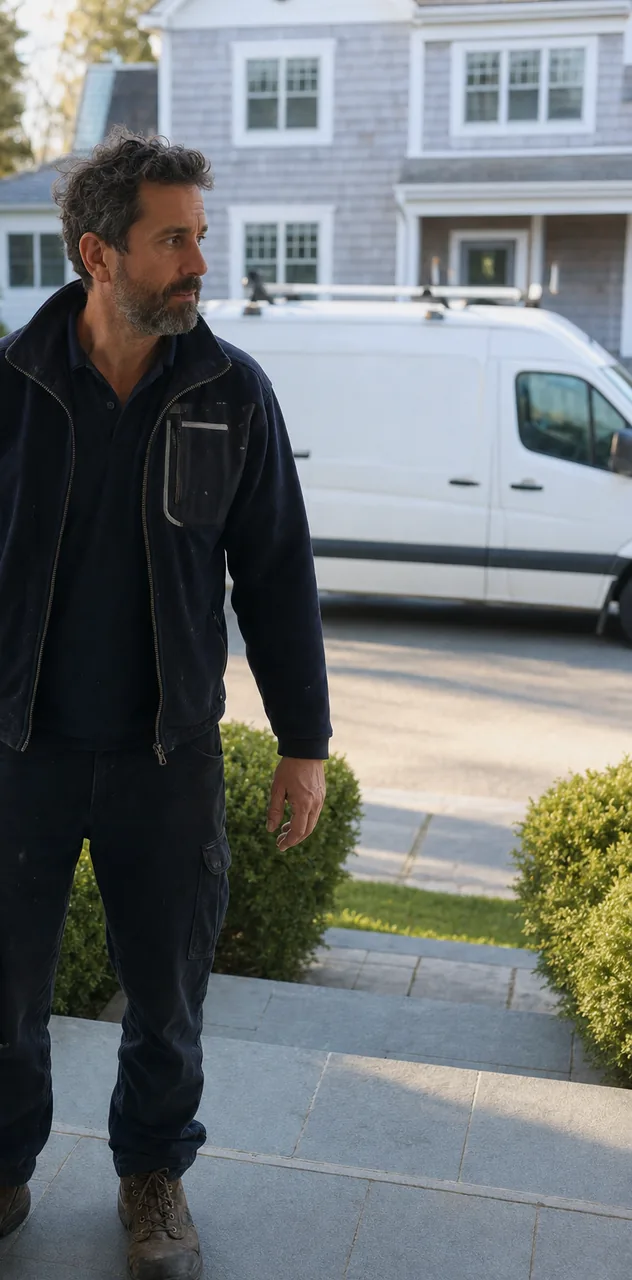A service van parked at the kerb outside a house with the technician already at the door