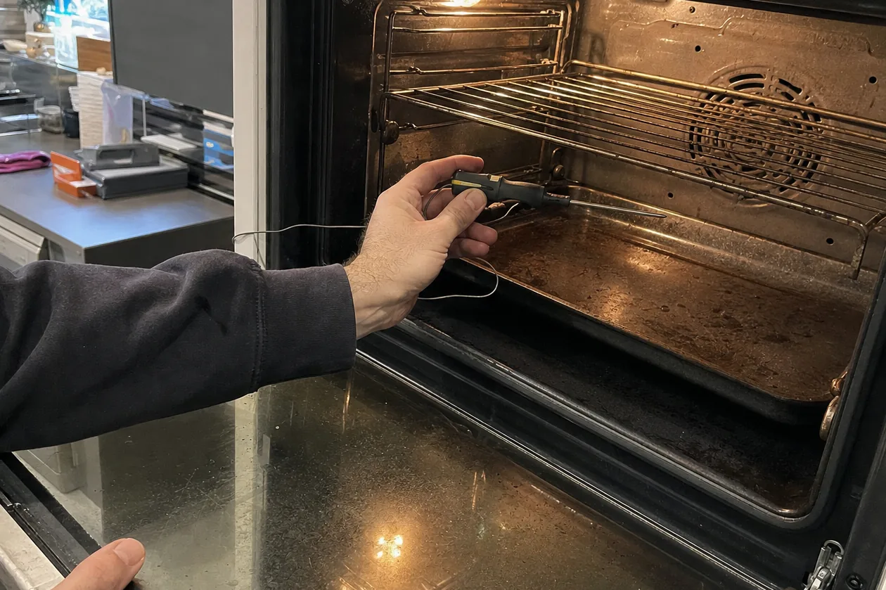 An open oven cavity with a probe inside and the kitchen counter visible at the edge of the frame