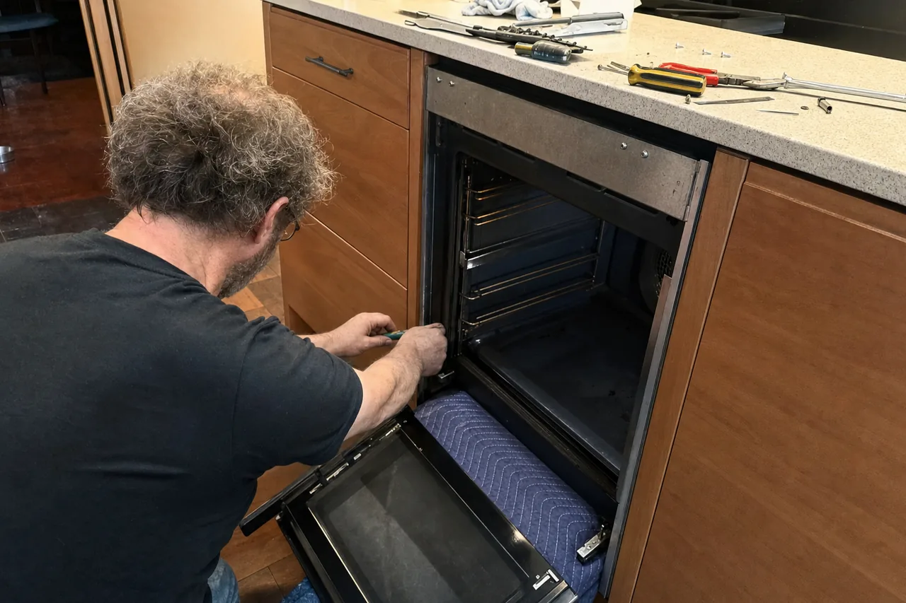 An oven door lying face-up on a moving blanket while a technician works on its hinge mechanism