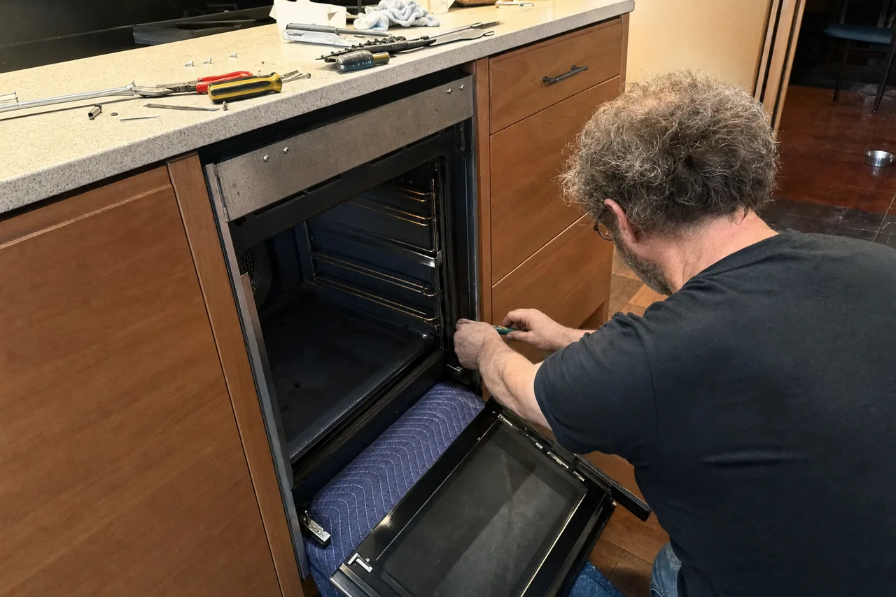 A removed appliance door resting on a blanket with hand tools laid out on the counter above it