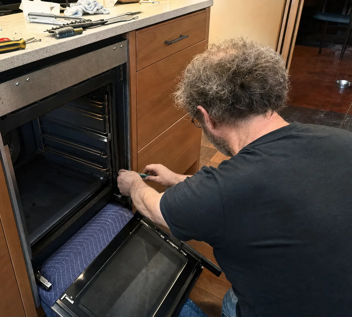 A built-in oven with its door folded down onto a quilted moving blanket while a technician works a screwdriver along the inner edge of the front frame