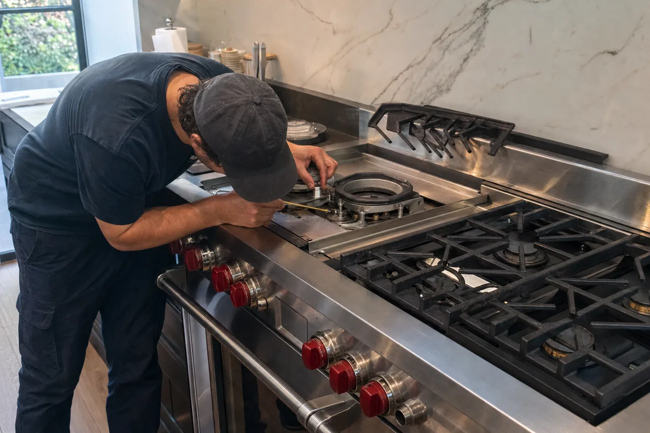 A technician working at the burner head of a stainless professional range with one grate lifted off to the side