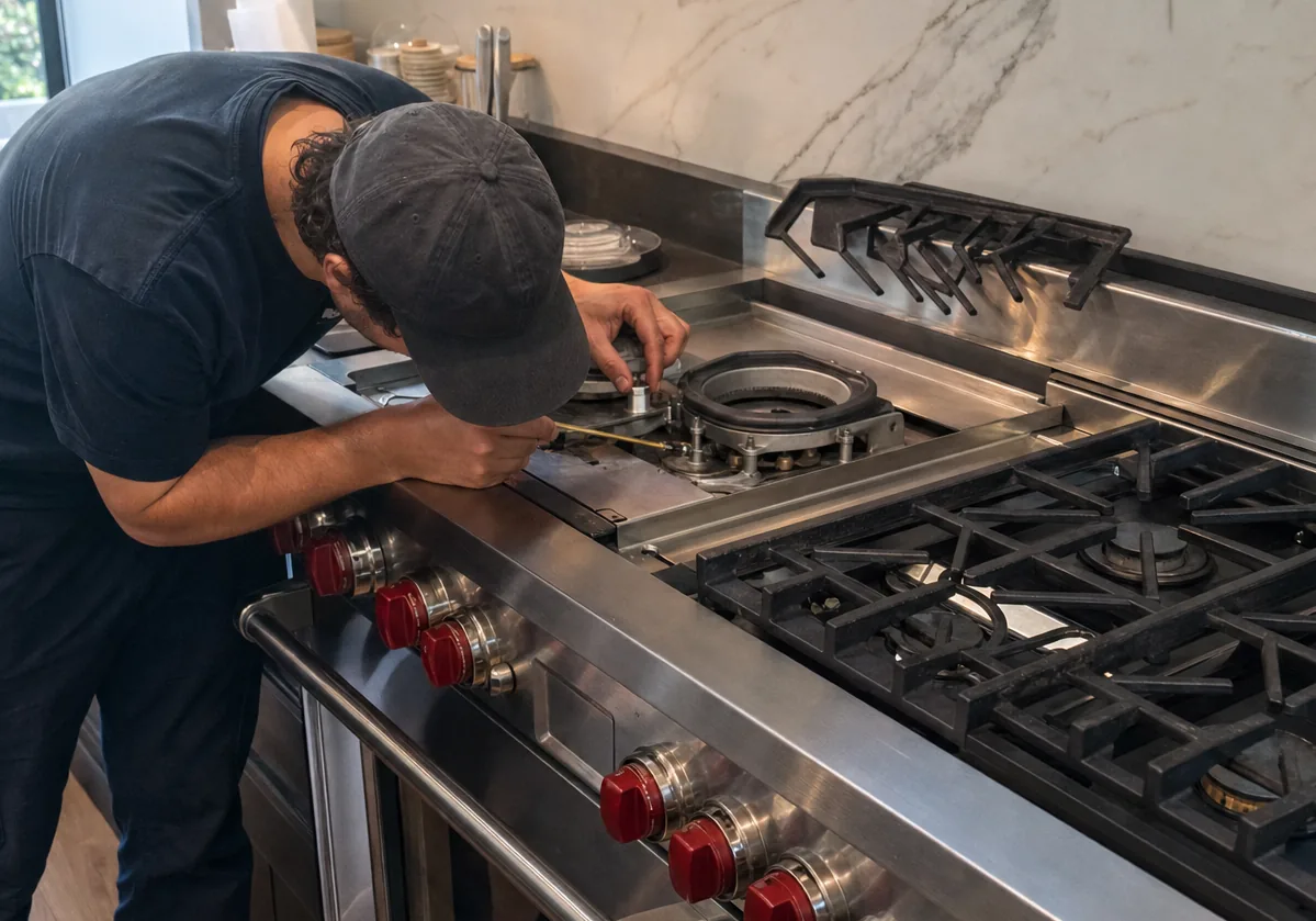 A stainless cooking surface seen close with a burner assembly lifted clear and laid on a cloth